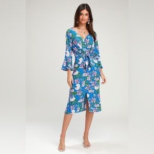 Lulu’s Blue Floral Print Tying Button Front Dress NWT
